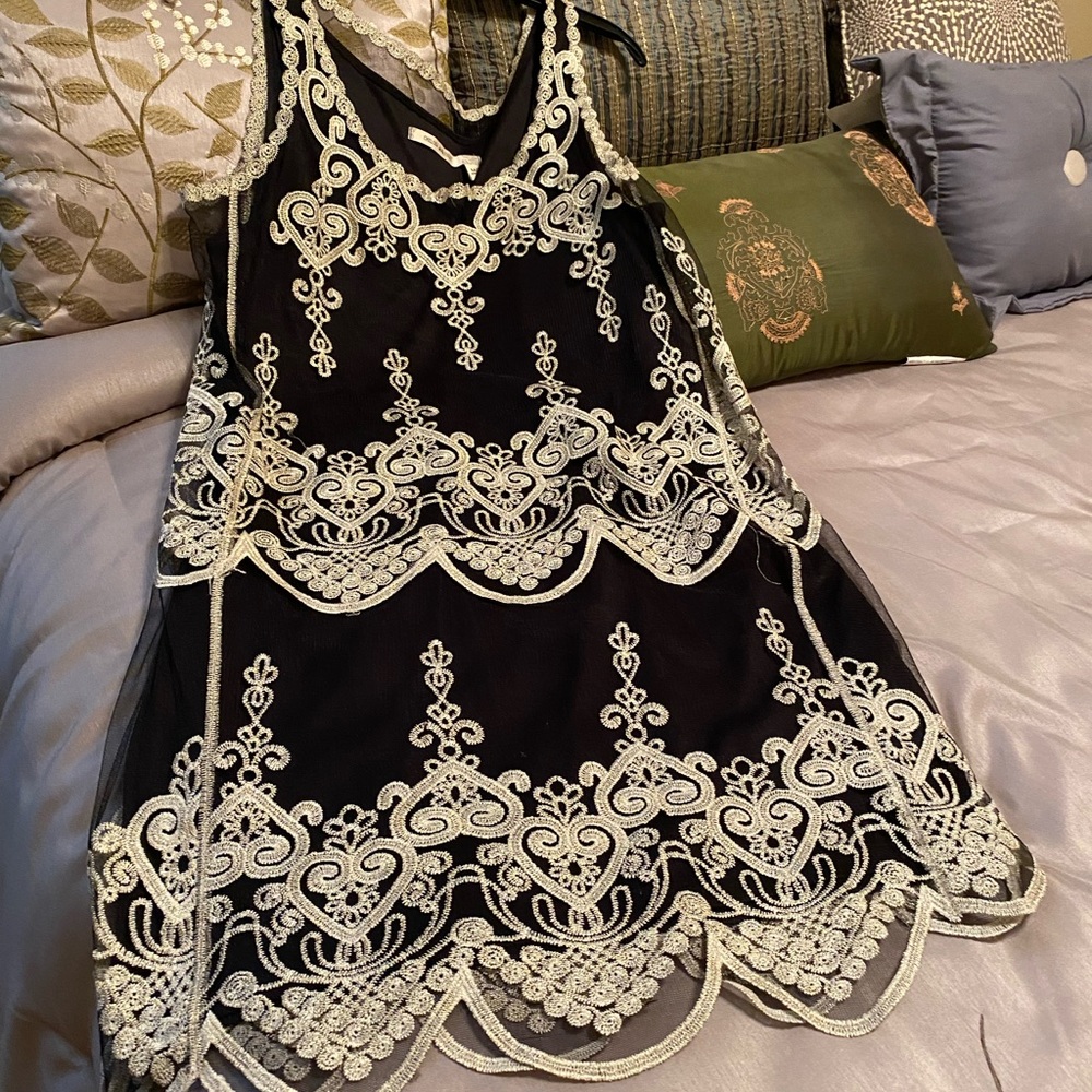 Sleeveless diaphanous dress over black slip.